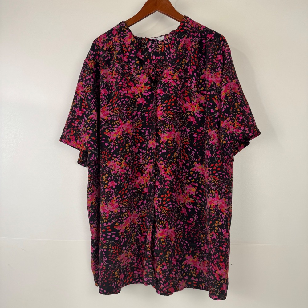 A Personal Touch Blouse Womens 5X Plus Black Pink Floral Button Front Tunic Top